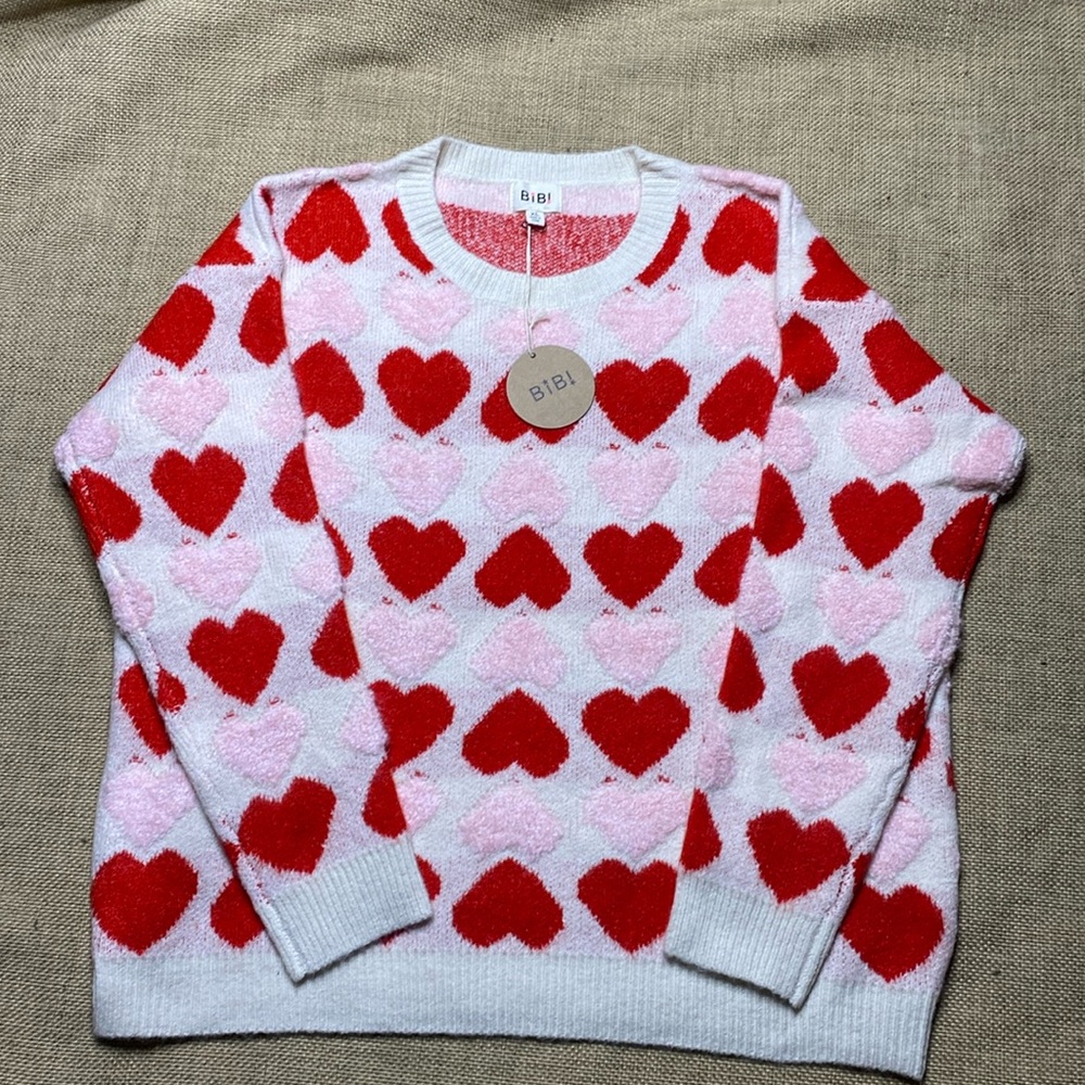 Bibi Women’s XL Heart Pink & Red Knit Sweater